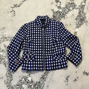 Carlisle blazer Womens 10 Royal Blue, white, black textured plaid lined jacket‎